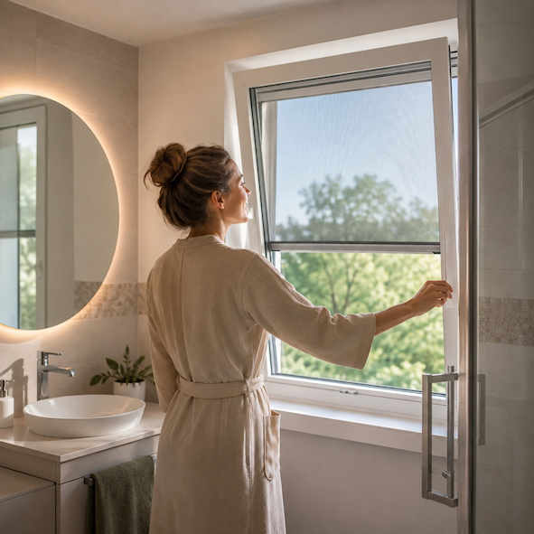 Moustiquaire enroulable installée dans une salle de bain